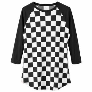 Checkerboard Raglan Top Black White Long Sleeve Crew Neck T-Shirt Size Small